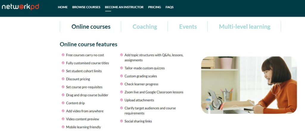 A range of online course features